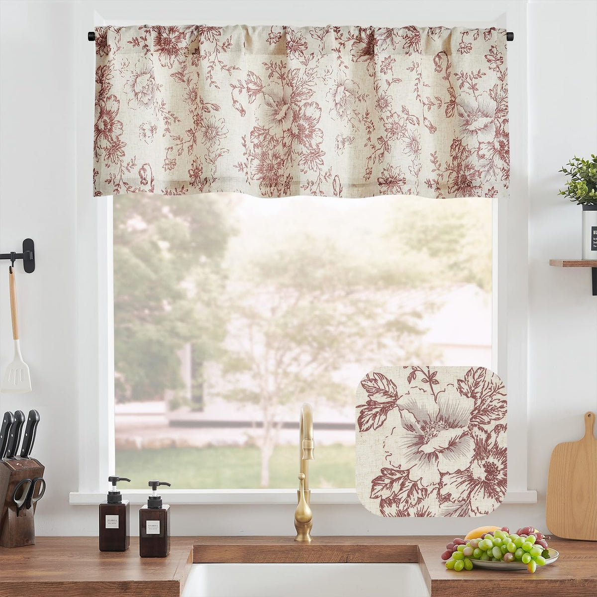 jinchan Linen Kitchen Valance with Lined Floral Valance Curtain 16 Inch Farmhouse Red Peony Flower Printed Curtain for Windows Living Room French Retro Patterned Rod Pocket 1 Panel Red on Beige