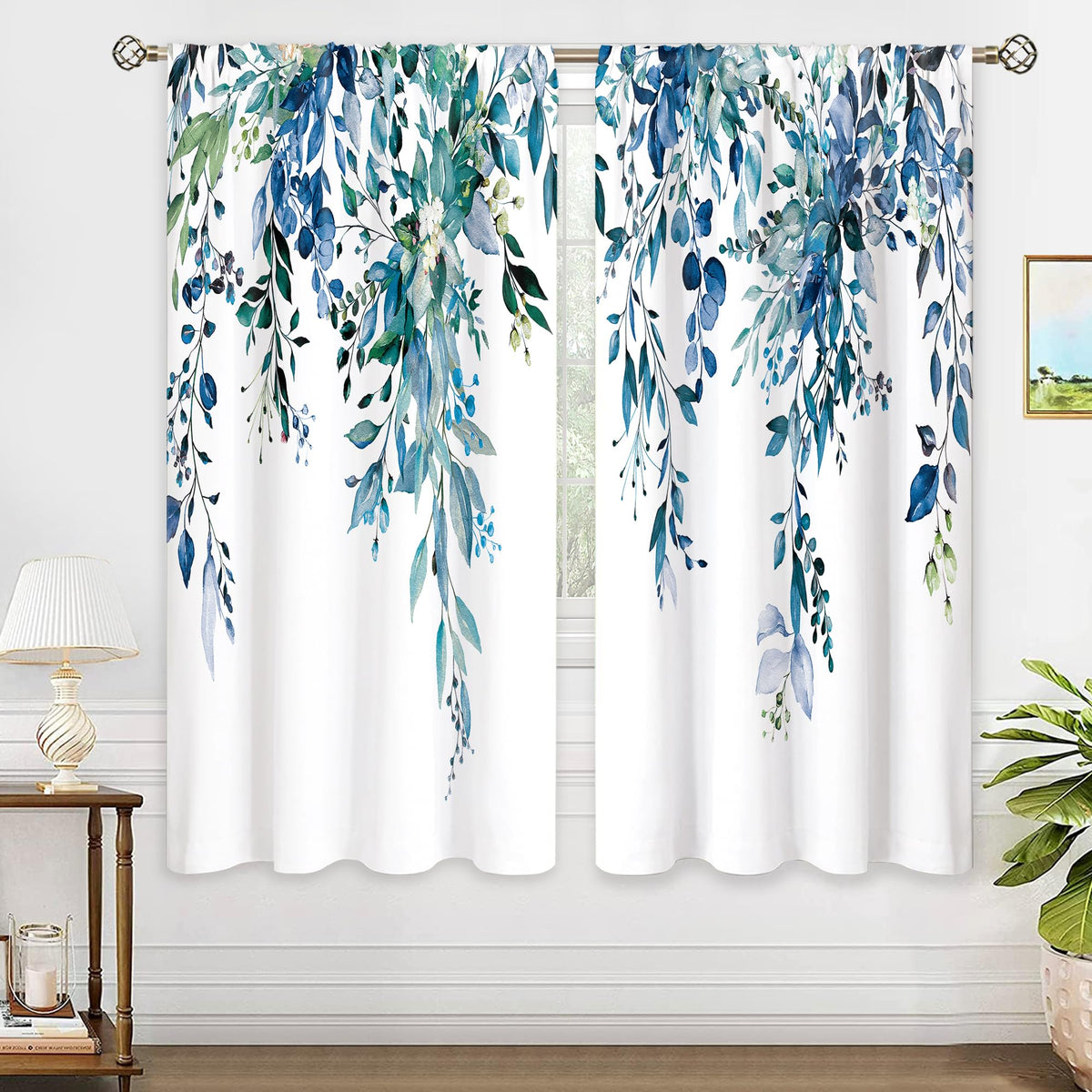 Eucalyptus Botanical Leaves Floral Kitchen Window Curtains Over Sink Boho Farmhouse Flower Leaf Small Window Treatment Sage Green Cafe Short Curtains for Bathroom Tier Drapes 27.5x39 inch