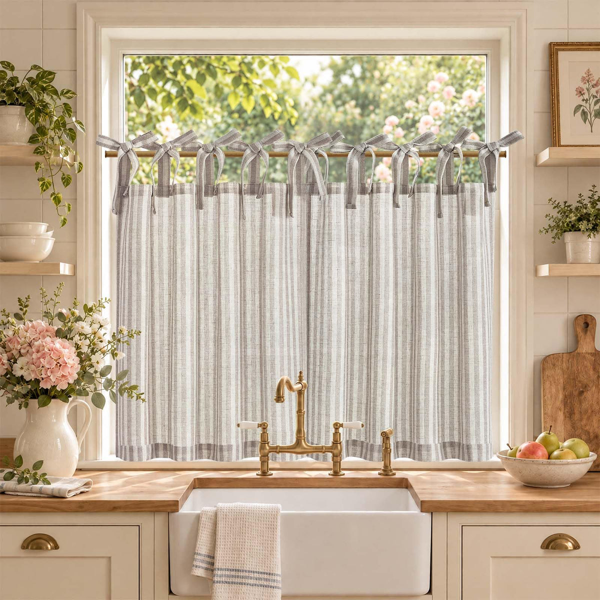 jinchan Striped Linen Kitchen Tier Curtains, 30 Inch, Sage Green, 2 Panels