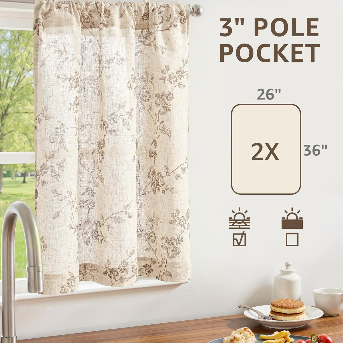 jinchan Floral Linen Kitchen Tier Curtains, 36 Inch, 2 Panels, Taupe