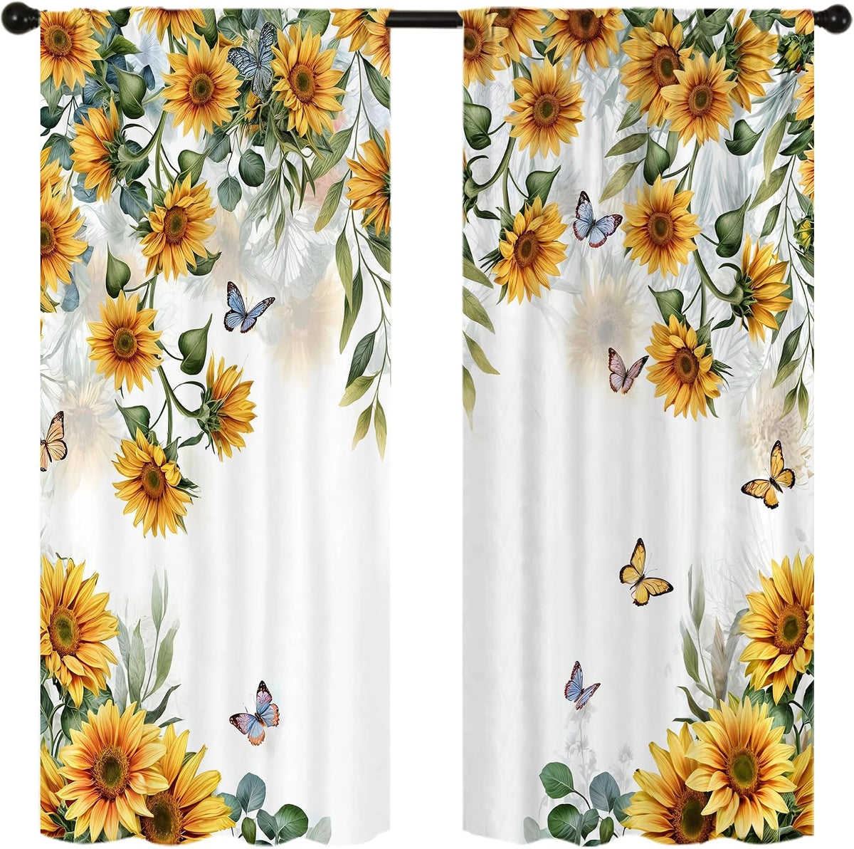 Yellow Sunflower Kitchen Curtains 42W X 63L Inch 2 Panels Rod Pocket Country Rustic Floral Flower Butterfly Farmhouse Over Sink Small Short Cafe Tier Window Treatment Bathroom Decor