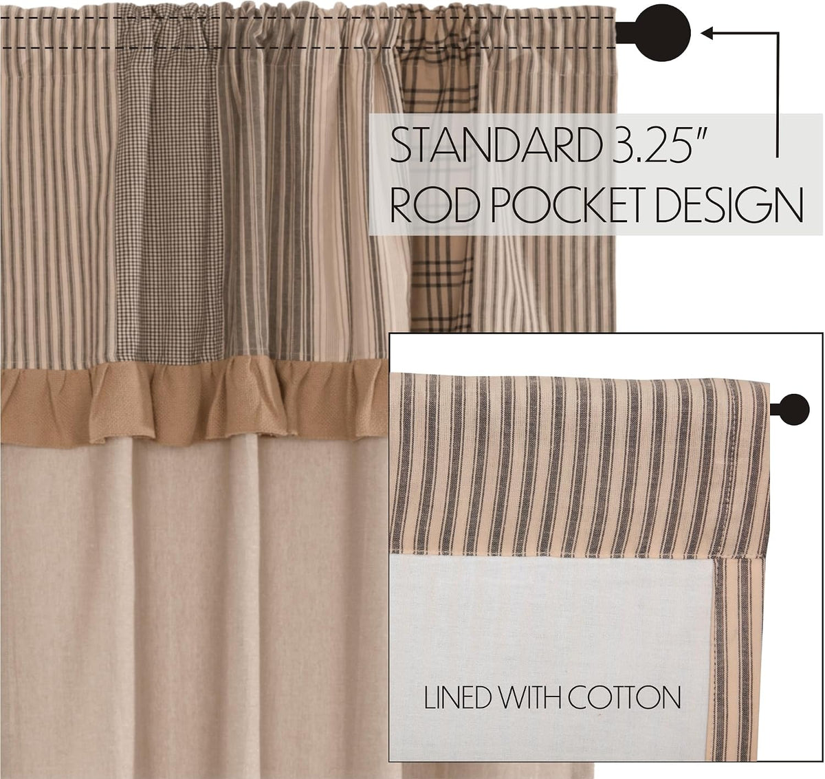 VHC Brands Sawyer Mill Curtain, Panel 63x36, Charcoal Khaki Tan