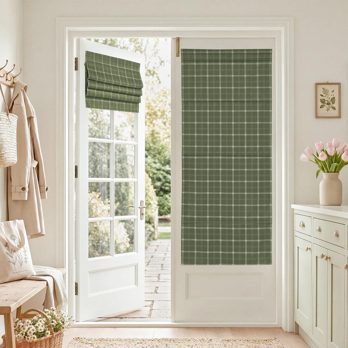 NICETOWN Olive Green Farmhouse Gingham Tiers Kitchen 100% Blackout Curtains