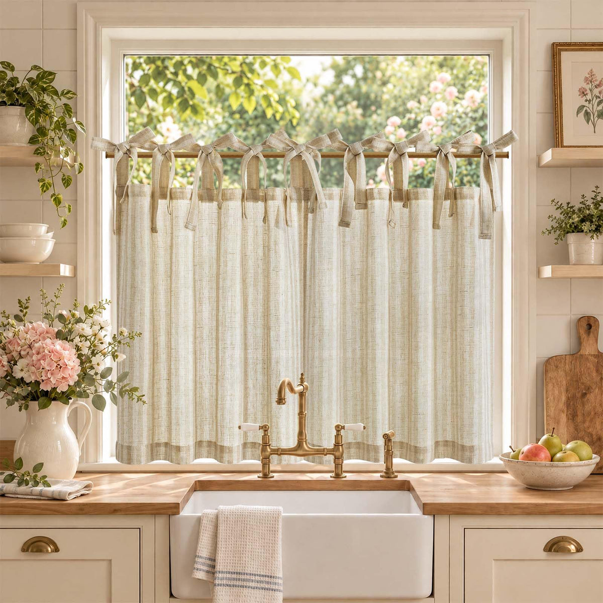 jinchan Striped Linen Kitchen Tier Curtains, 20 Inch, Tan, 2 Panels