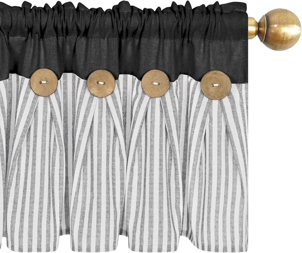 ASPMIZ Cotton Linen Kitchen Valance Curtains, Boho Rustic Button Linen Valances for Windows Farmhouse, Black with Grey Stripe Valance Window Topper Treatment Window Valances for Bathroom, 52 x 18 Inch