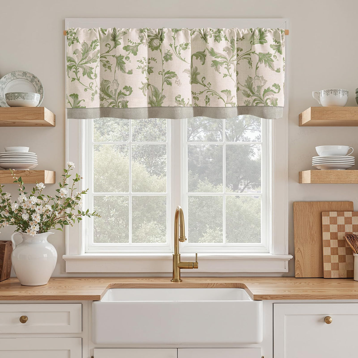 jinchan Floral Linen Kitchen Valance Curtain, 50x18, 1 Panel, Green