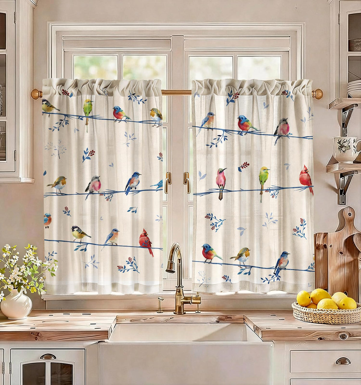 Miss Adola 36 Inch Length Kitchen Tier Curtains, Floral Cat
