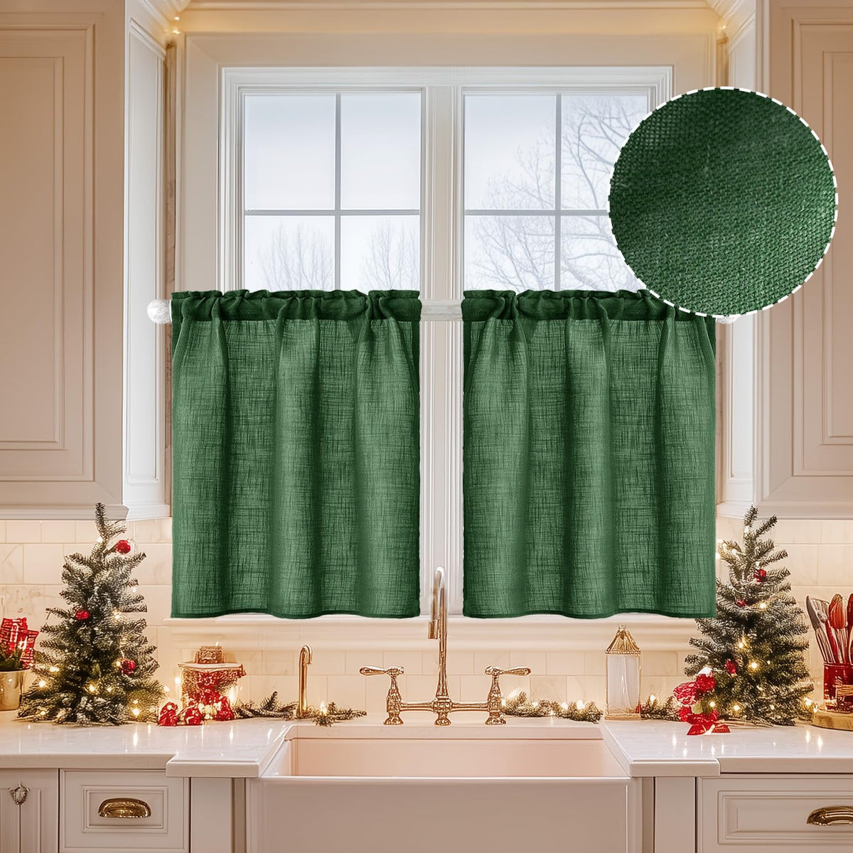 MIULEE Spring Linen Textured Kitchen Window Curtains over Sink 24 Inch Length Semi Sheer Farmhouse Small Curtains for Cafe Bathroom Basement, Short Rod Pocket Tier Curtains 2 Panels W26XL24 Sage Green