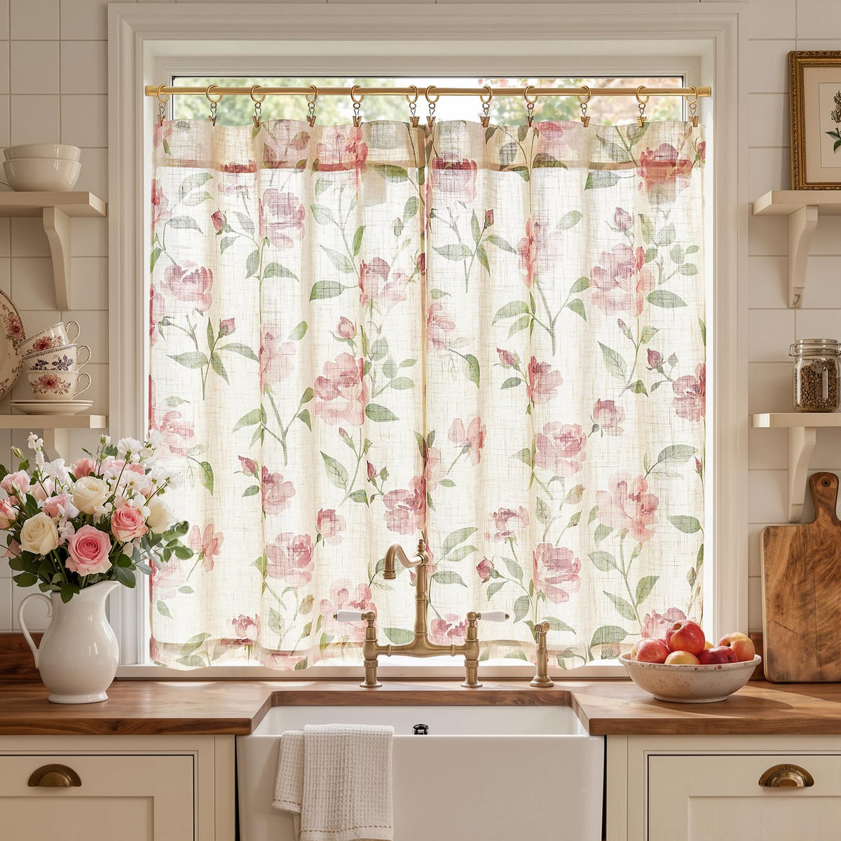 jinchan Hattie Floral Linen Kitchen Tier Curtains Beige 30 in 2 Panels