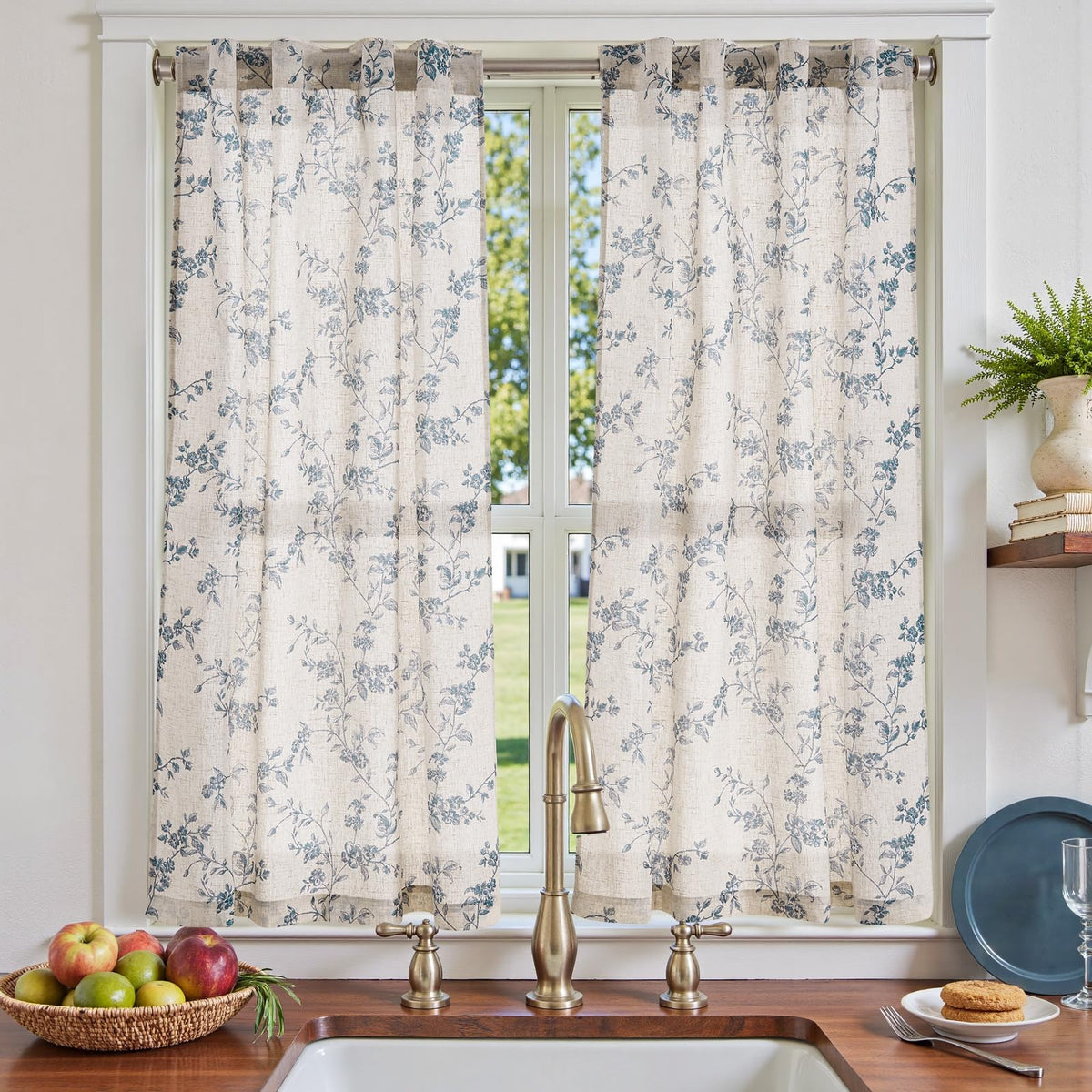 jinchan Floral Linen Kitchen Tier Curtains, 36 Inch, 2 Panels, Taupe