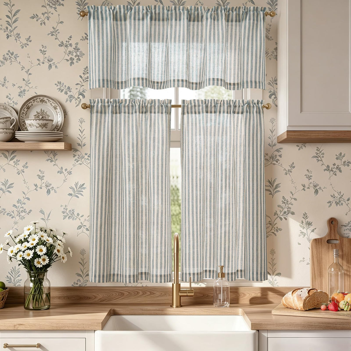 jinchan Sage Green Linen Kitchen Curtains and Valance Set Rod Pocket