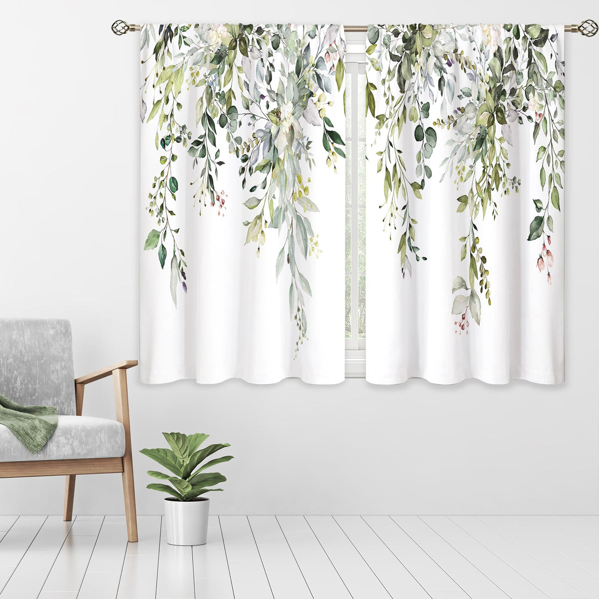 Eucalyptus Botanical Leaves Floral Kitchen Window Curtains Over Sink Boho Farmhouse Flower Leaf Small Window Treatment Sage Green Cafe Short Curtains for Bathroom Tier Drapes 27.5x39 inch