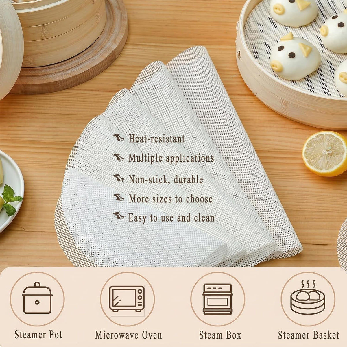 8 Inch Silicone Bamboo Steamer Liners 10 Pack – Non-Stick Round Reusable Steamer Mesh Pad Mats for Steaming Dumplings, Veggies & Dim Sum Rice Buns Fish