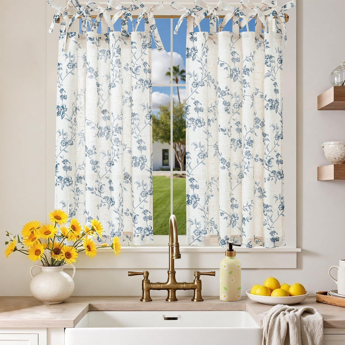 jinchan Solid Linen Kitchen Tier Curtains 24 Inches Tie Top 2 Panles Crude