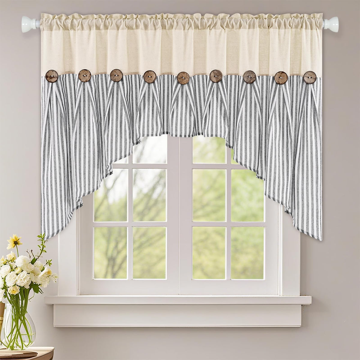 ASPMIZ Cotton Linen Kitchen Valance Curtains, Boho Rustic Button Linen Valances for Windows Farmhouse, Black with Grey Stripe Valance Window Topper Treatment Window Valances for Bathroom, 52 x 18 Inch