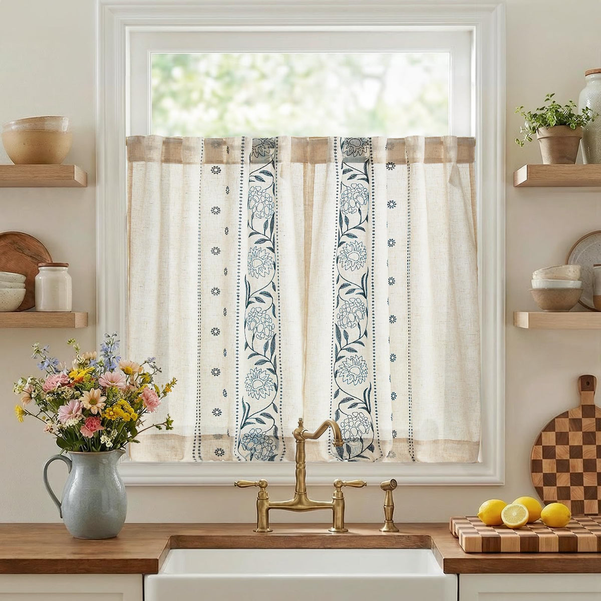 jinchan Beige Floral Linen Kitchen Tier Curtains 36 Inch, 2 Panels