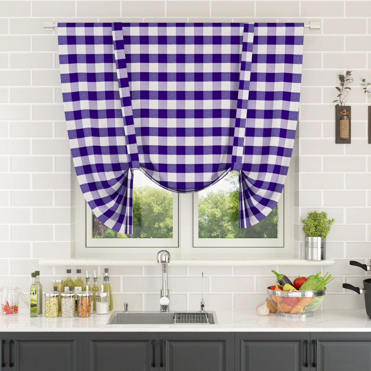 Buffalo Check Kitchen Tier Curtain 24 inches Long Plaid Gingham Rod Pocket Classic Cafe Curtains Country Farmhouse Kitchen Half Window Curtains 2 Panels Beige & White