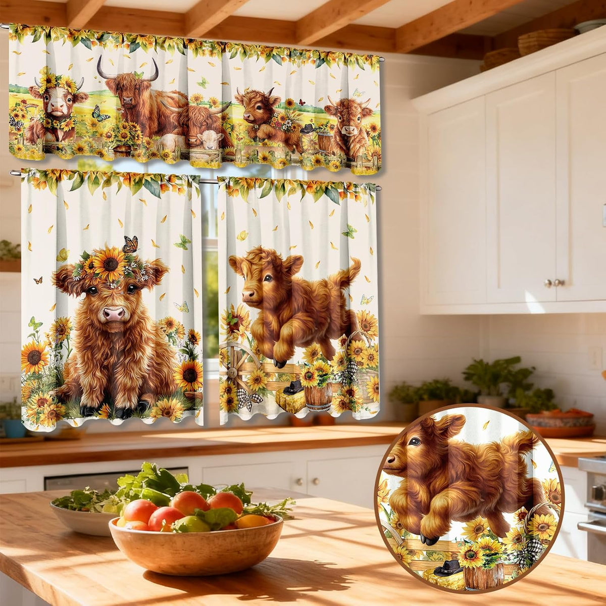 Breling 3 Pcs Sunflower Highland Cow Kitchen Curtains Valances and Tiers Set for Windows Spring Farmhouse Highland Cow Sunflower Curtains Decor for Summer Bedroom Window Decor Party Favor Supplies