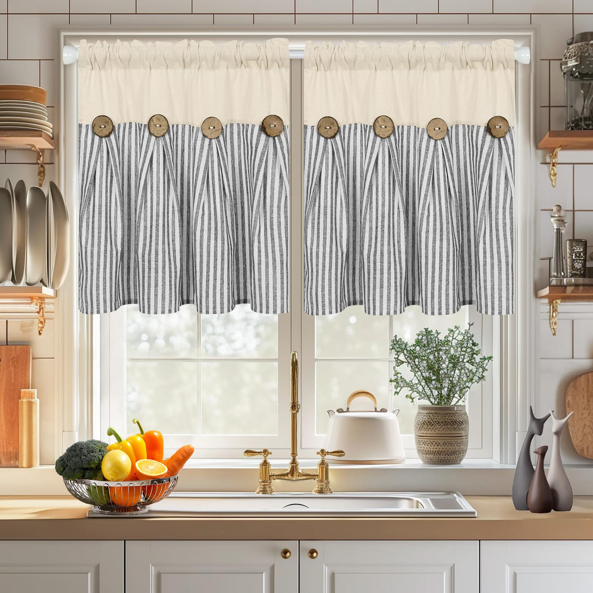 ASPMIZ Cotton Linen Kitchen Valance Curtains, Boho Rustic Button Linen Valances for Windows Farmhouse, Black with Grey Stripe Valance Window Topper Treatment Window Valances for Bathroom, 52 x 18 Inch