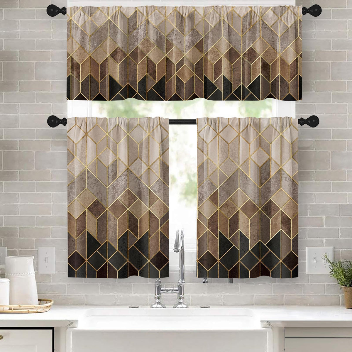 Kitchen Curtains Sets for Windows 52x36 Inch 3 Pack, Geometric