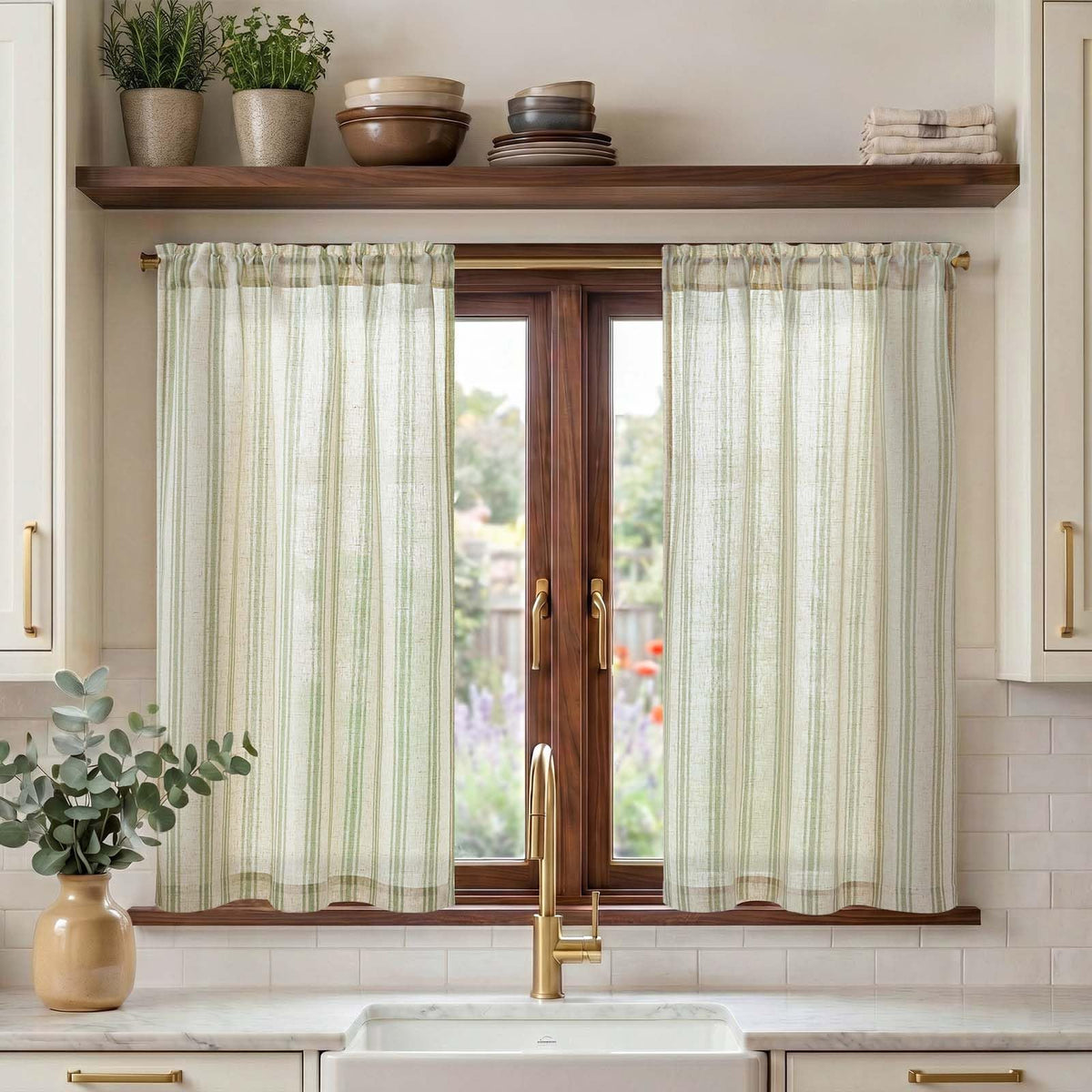 jinchan Linen Striped Tier Curtains for Kitchen Windows Farmhouse