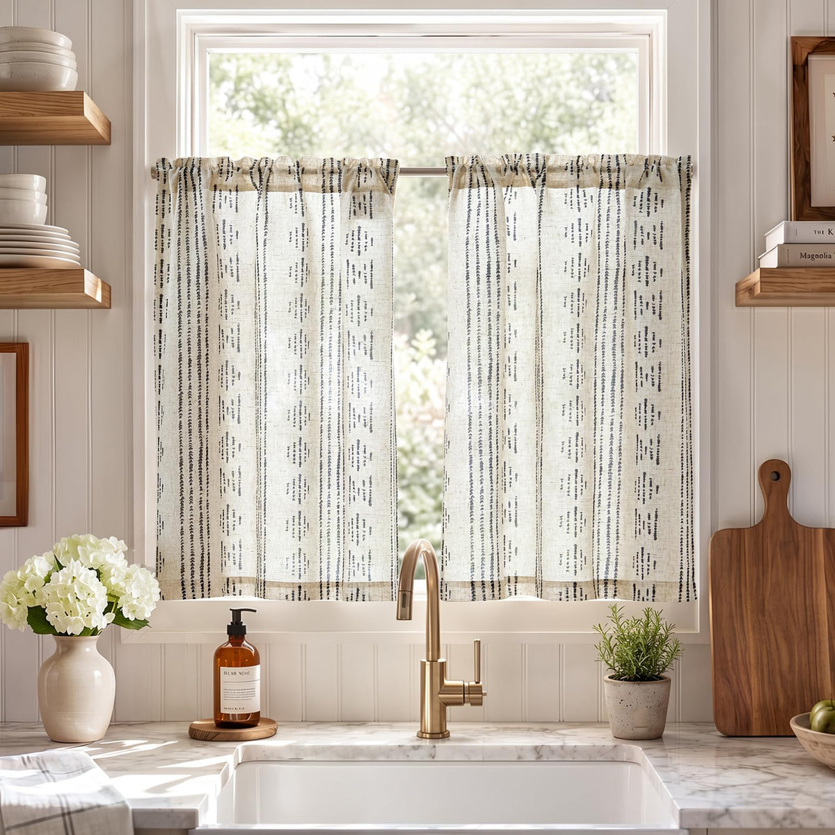 jinchan Linen Striped Tier Curtains for Kitchen Windows Farmhouse