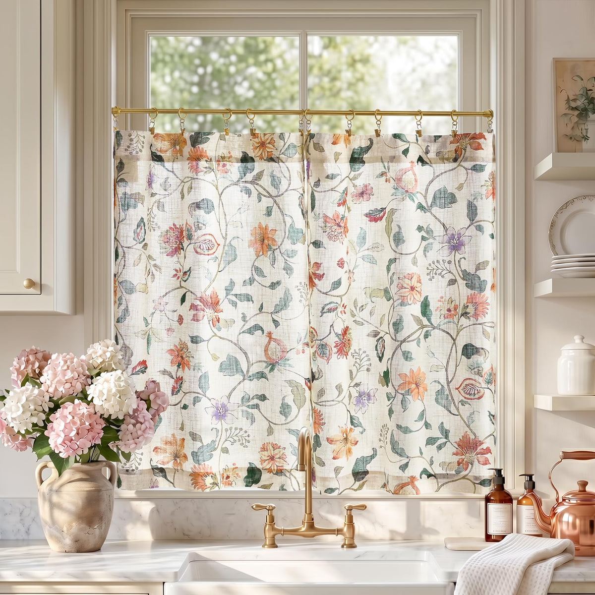 jinchan Hattie Floral Linen Kitchen Tier Curtains Beige 30 in 2 Panels