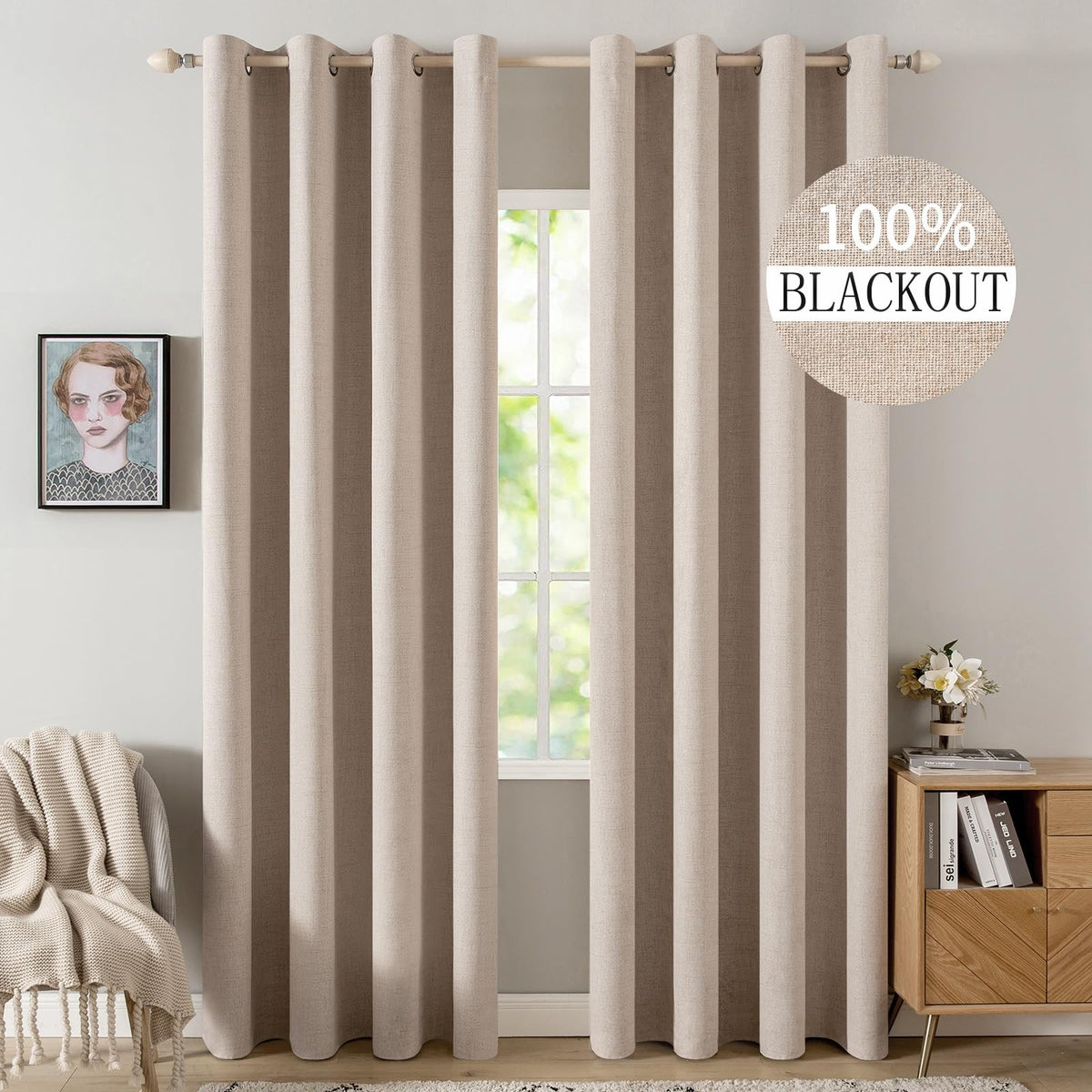 MIULEE 100% Blackout Linen Curtains for Bedroom 52x54 Inches Natural Beige