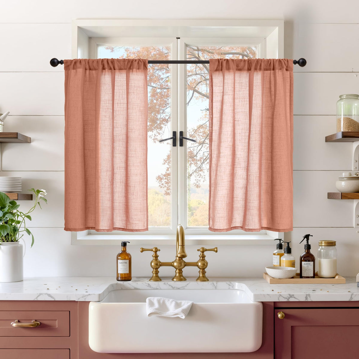 BGment Linen Kitchen Window Curtains Over Sink, 36 Inch Length Cafe Drapes