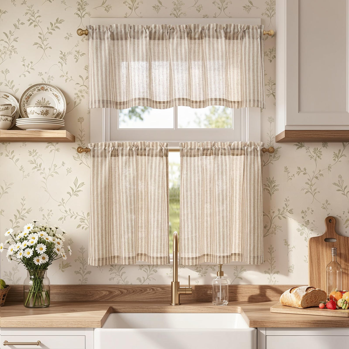 jinchan Sage Green Linen Kitchen Curtains and Valance Set Rod Pocket