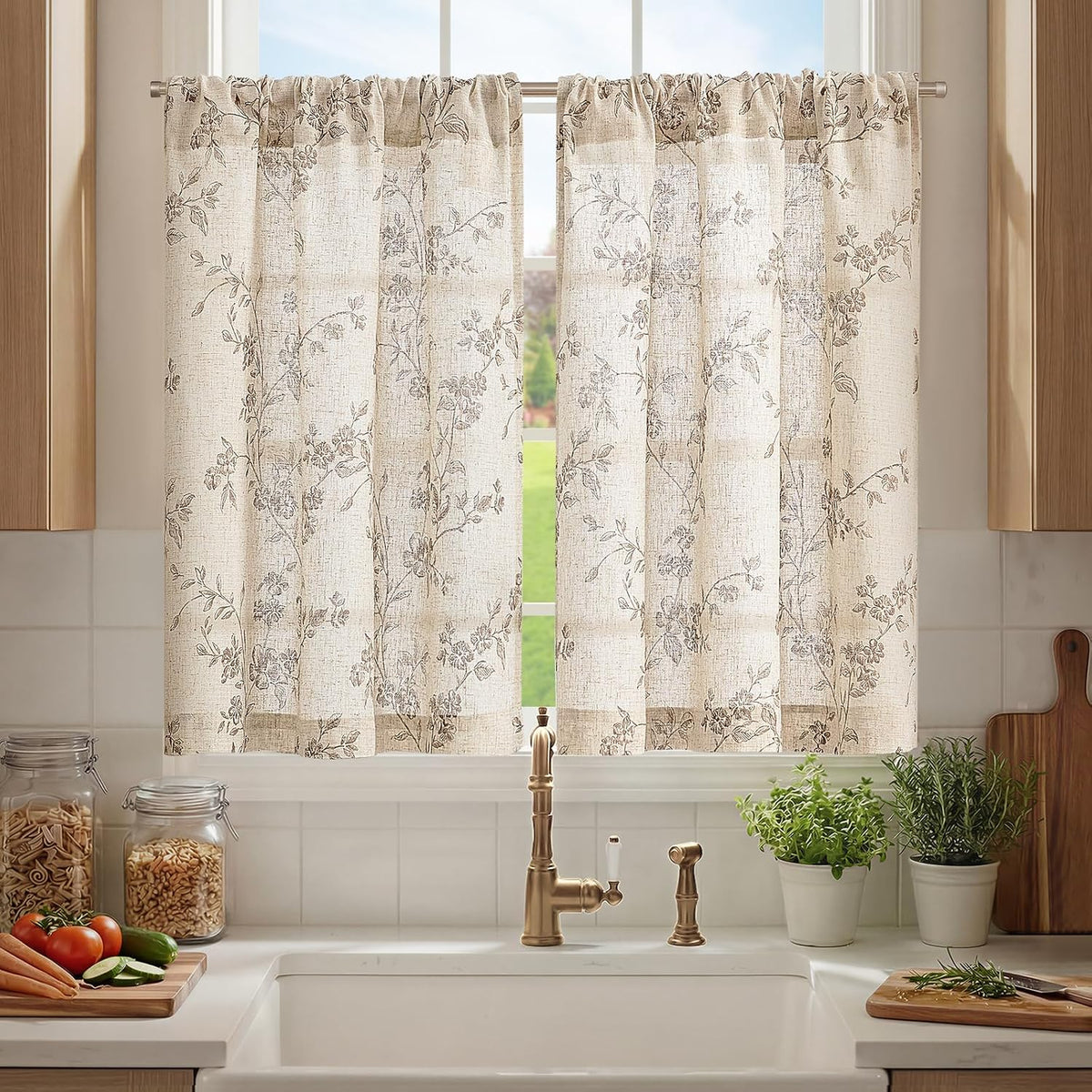 jinchan Floral Linen Kitchen Tier Curtains, 36 Inch, 2 Panels, Taupe
