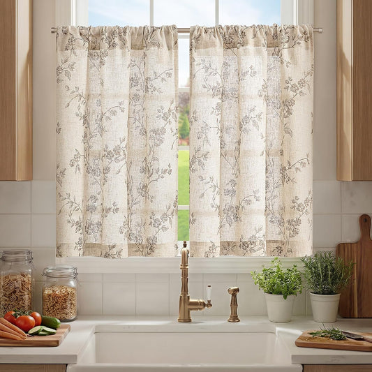 jinchan Floral Linen Kitchen Tier Curtains, 36 Inch, 2 Panels, Taupe