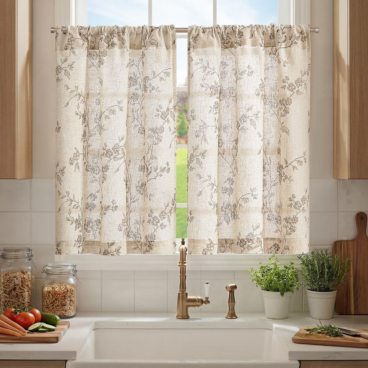 jinchan Floral Linen Kitchen Tier Curtains, 36 Inch, 2 Panels, Taupe
