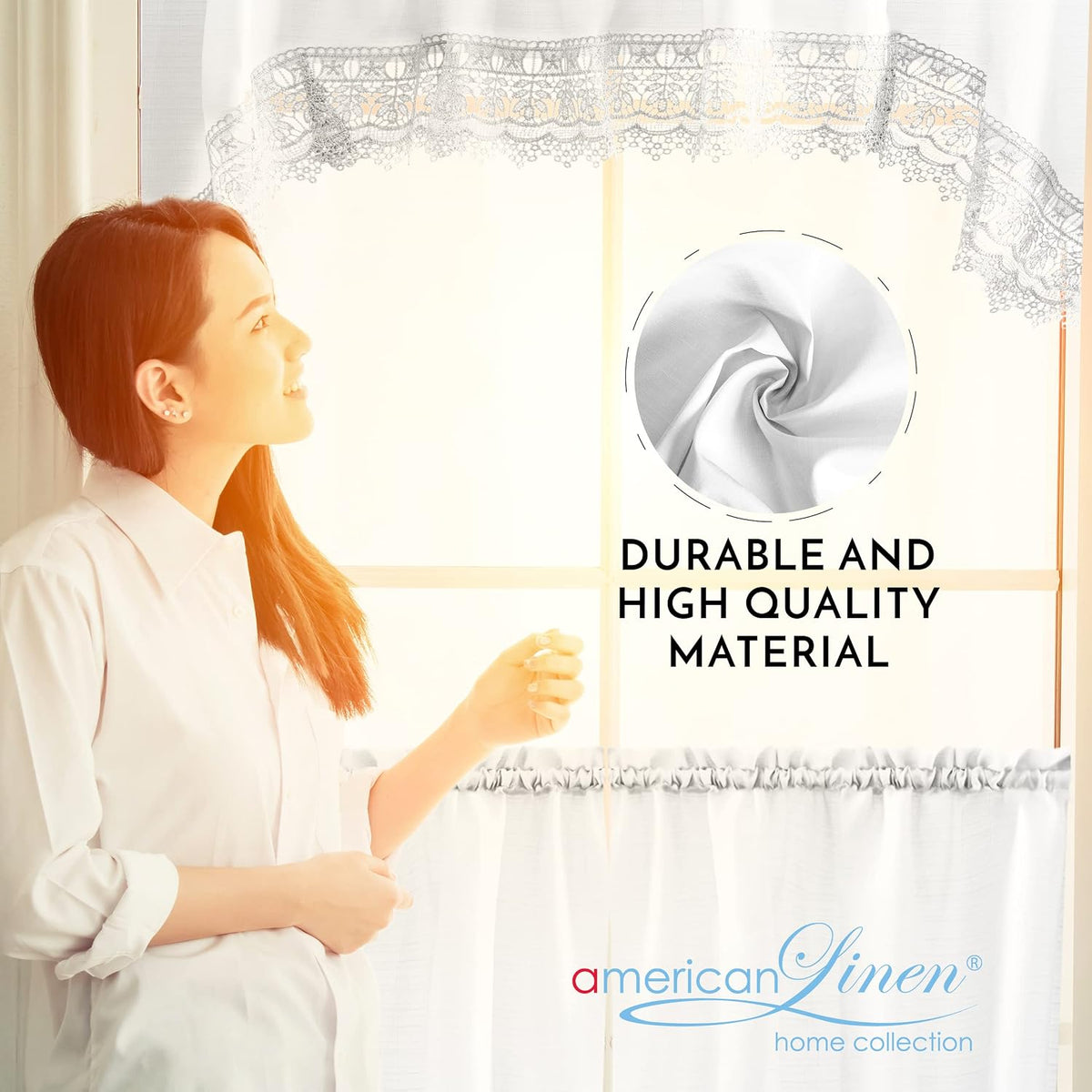 American Linen 3-Piece Kitchen Café Curtains with Embroidered Lace (White)