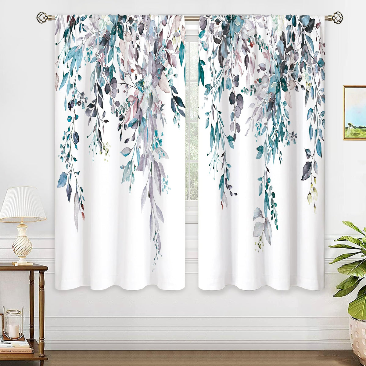 Eucalyptus Botanical Leaves Floral Kitchen Window Curtains Over Sink Boho Farmhouse Flower Leaf Small Window Treatment Sage Green Cafe Short Curtains for Bathroom Tier Drapes 27.5x39 inch