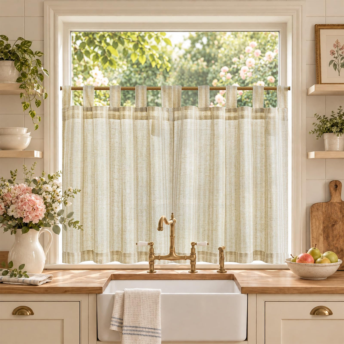 jinchan Striped Linen Kitchen Tier Curtains, 30 Inch, Sage Green, 2 Panels