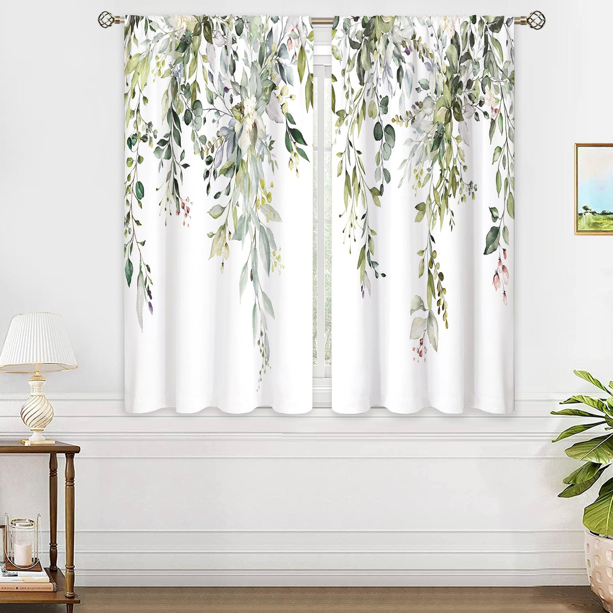 Eucalyptus Botanical Leaves Floral Kitchen Window Curtains Over Sink Boho Farmhouse Flower Leaf Small Window Treatment Sage Green Cafe Short Curtains for Bathroom Tier Drapes 27.5x39 inch