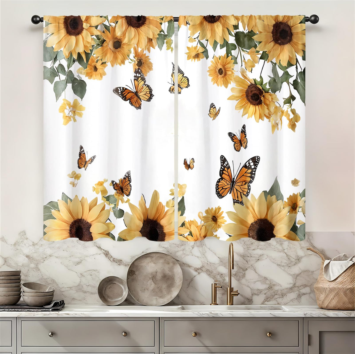 Yellow Sunflower Kitchen Curtains 42W X 63L Inch 2 Panels Rod Pocket Country Rustic Floral Flower Butterfly Farmhouse Over Sink Small Short Cafe Tier Window Treatment Bathroom Decor