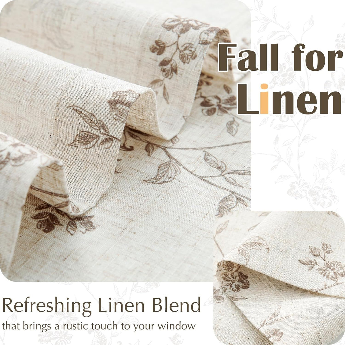 jinchan Floral Linen Kitchen Tier Curtains, 36 Inch, 2 Panels, Taupe