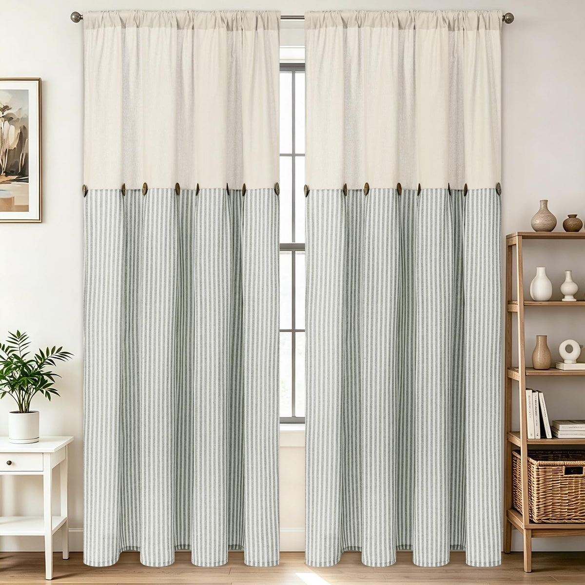 BLEUM CADE Farmhouse Kitchen Curtains 36 Inch, Cotton Linen Cafe Curtains with Rustic Buttons, Boho Small Window Curtains for Bathroom, Green Stripe Half Window Drapes Over Sink, 2 Panels