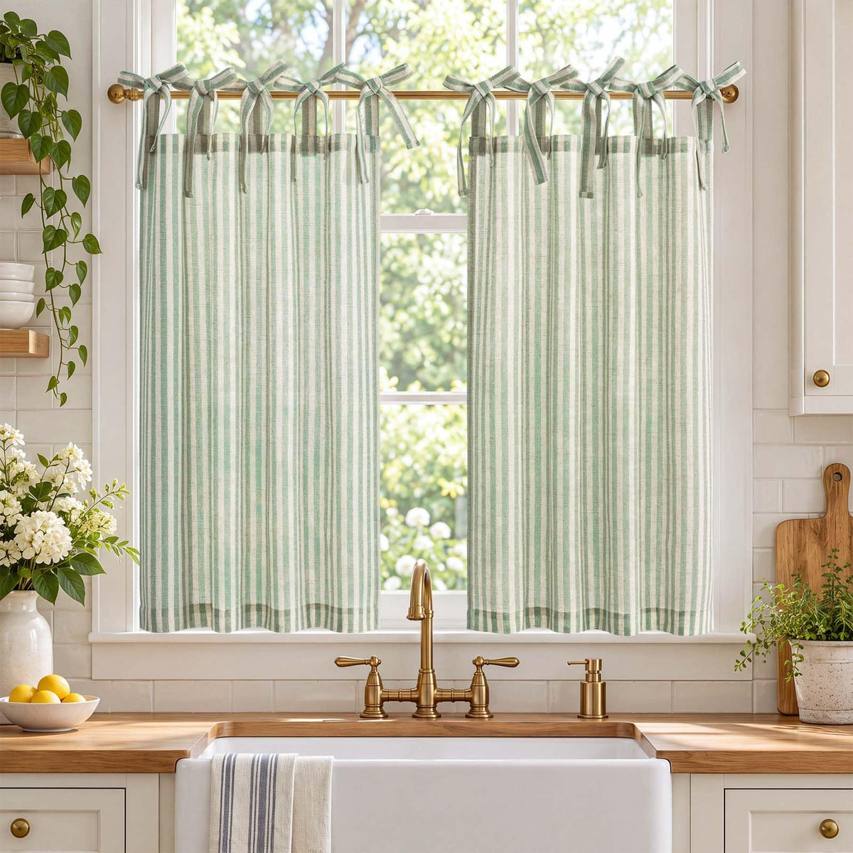 jinchan Striped Linen Kitchen Tier Curtains, 20 Inch, Tan, 2 Panels