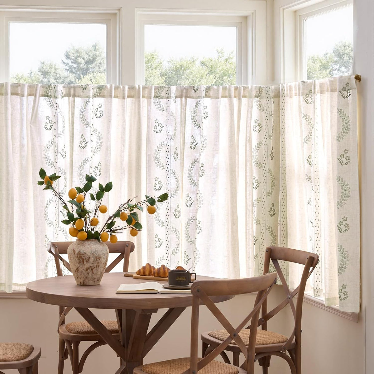 jinchan Green Floral Linen Kitchen Tier Curtains 50x45 Inch 2 Panels