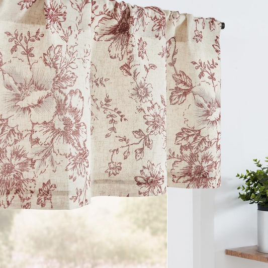 jinchan Linen Kitchen Valance with Lined Floral Valance Curtain 16 Inch Farmhouse Red Peony Flower Printed Curtain for Windows Living Room French Retro Patterned Rod Pocket 1 Panel Red on Beige