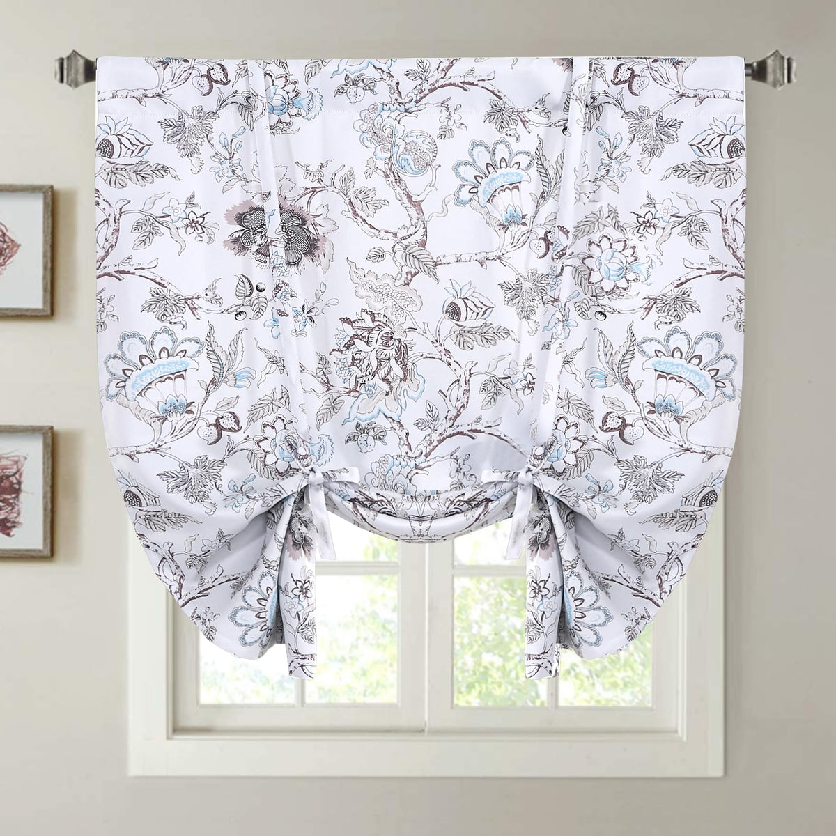 H.VERSAILTEX Thermal Insulated Blackout Curtain Adjustable Kitchen Tie Up Curtains Rod Pocket Panel for Small Window-42 Wide by 63" Long-Vintage Floral Pattern in Sage and Brown