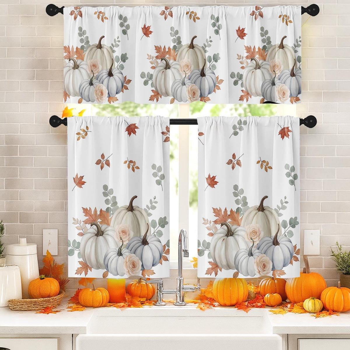 Arttown Fall Kitchen Curtains Sets for Windows, Pumpkin, 52x36 Inch