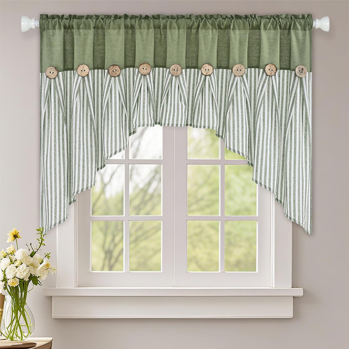 ASPMIZ Cotton Linen Kitchen Valance Curtains, Boho Rustic Button Linen Valances for Windows Farmhouse, Black with Grey Stripe Valance Window Topper Treatment Window Valances for Bathroom, 52 x 18 Inch