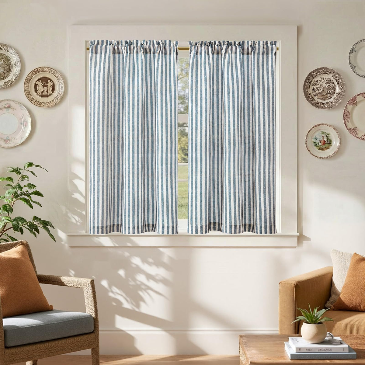 jinchan Striped Linen Kitchen Tier Curtains, 20 Inch, Tan, 2 Panels