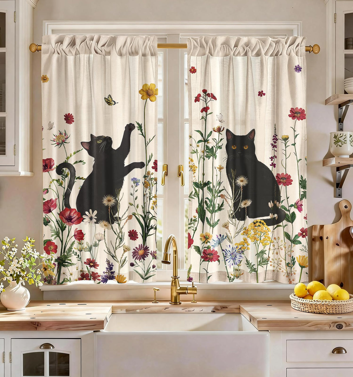 Miss Adola 36 Inch Length Kitchen Tier Curtains, Floral Cat