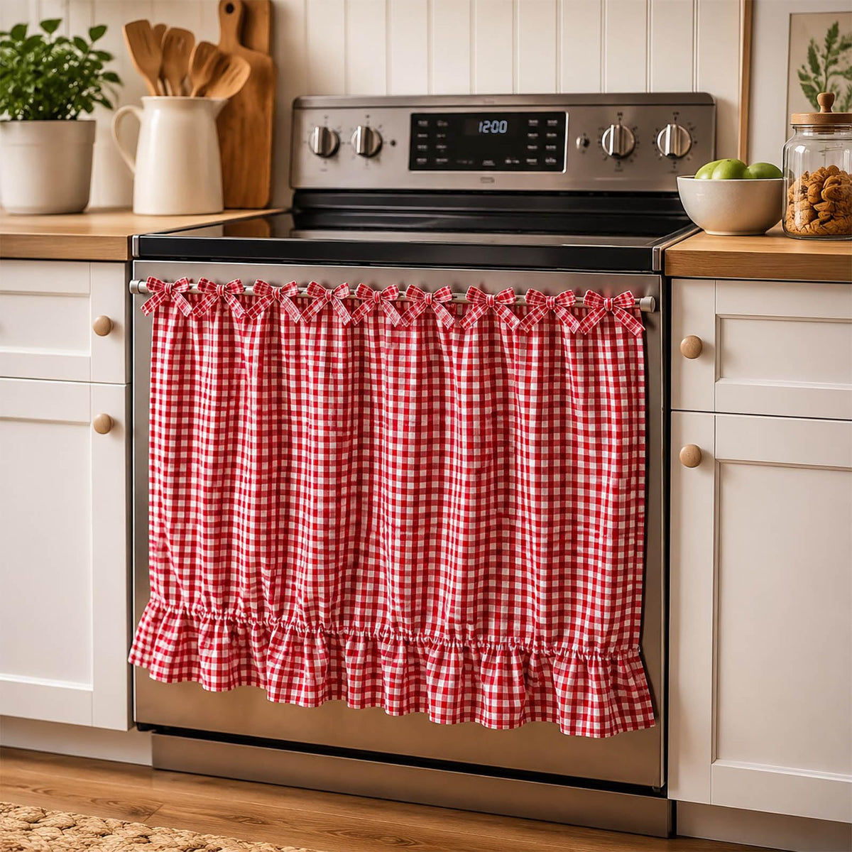 LOSOZO Oat Handmade Oven Skirt for Farmhouse Kitchen Décor, Oven Curtain Tie Top Decorative Cabinet Dish Washer Oven Curtains, Ruffled Fabric Appliance Cover with Ribbon Ties