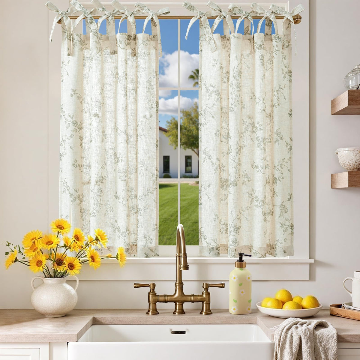 jinchan Solid Linen Kitchen Tier Curtains 24 Inches Tie Top 2 Panles Crude